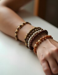 Elegant Beaded Bracelets Stack Brown Gold Cream Tones Wrist