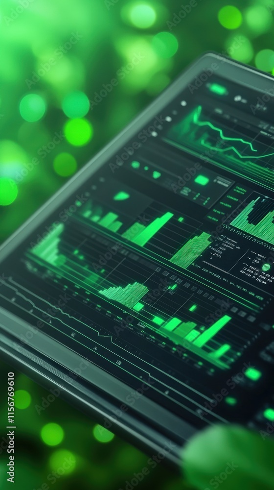 Poster modern digital tablet displaying financial data with green bar graphs and statistics over lush green