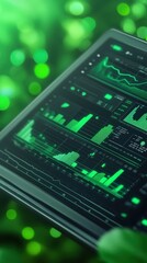 Fototapeta premium Modern Digital Tablet Displaying Financial Data with Green Bar Graphs and Statistics Over Lush Green Background for Business and Technology Concepts