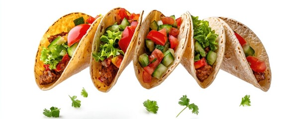 A vibrant display of five delicious tacos filled with fresh vegetables, meat, and herbs, perfect for a tasty meal.