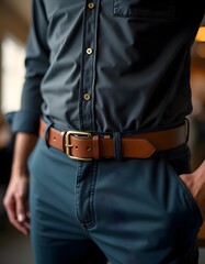 Brown Leather Belt Mens Fashion Dark Teal Pants Stylish Accessory