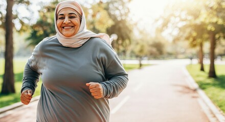 Mature middle eastern woman jogging in a sunlit park for a healthy lifestyle