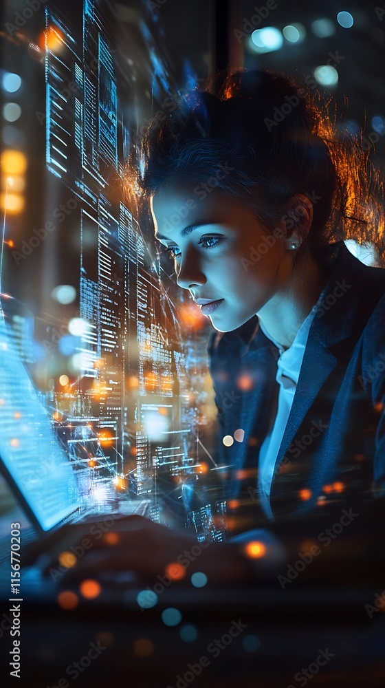 Poster woman programmer working late at night. concept of coding, technology, and innovation.