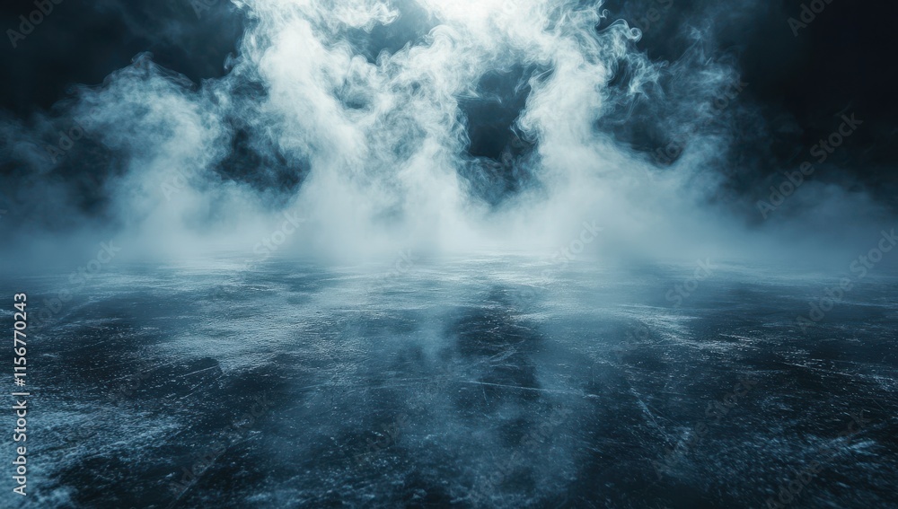 Poster mystical mist swirling on a reflective surface creates an ethereal and moody atmosphere hinting at e