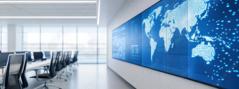 Aufkleber modern office space with digital world map display and collaborative workstations in a bright and op