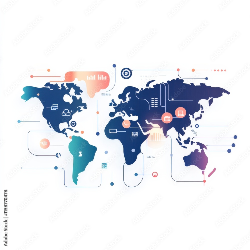Poster abstract world map design with geometric shapes, data visualizations, and digital elements represent