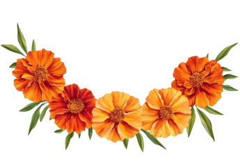 Orange and red marigold flowers isolated on transparent background. Chinese mid autumn festival or toran Indian traditional Diwali decoration. Symbol of mexican holiday Day of dead png