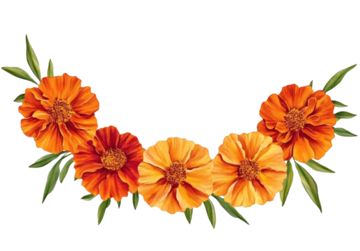 Orange and red marigold flowers isolated on transparent background. Chinese mid autumn festival or toran Indian traditional Diwali decoration. Symbol of mexican holiday Day of dead png