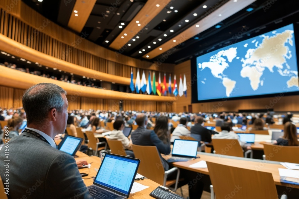 Poster professional audience attending international conference with large screen displaying world map in m