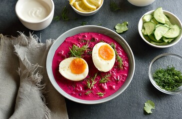 Cold summer beet soup with cucumbers, dill and egg
