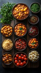Fototapeta premium Diverse bowls of food, including stews, beans, rice, and sauces, arranged on a wooden board.
