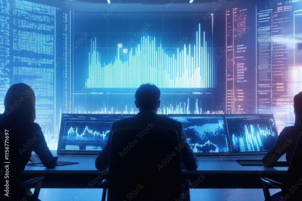 Poster professional team analyzing financial data and statistics on cutting-edge displays in a modern contr