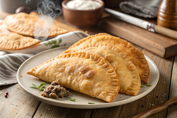 Traditional deep-fried chebureks with crispy golden crust
