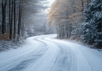 Obraz premium Serene Curved Snowy Road Surrounded by Snow-Covered Trees and a Misty Atmosphere in a Winter Wonderland Landscape