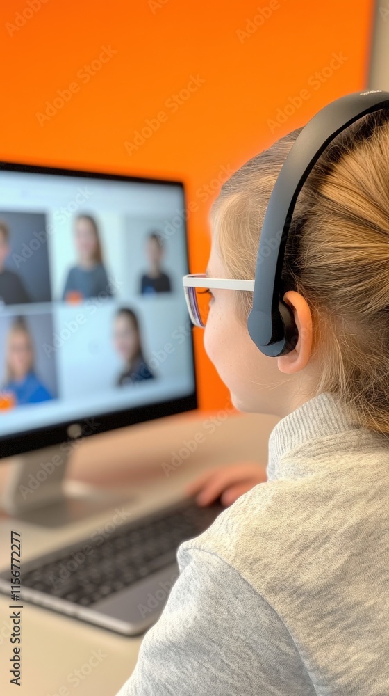 Poster young girl engaged in online learning with headphones on, focused on computer screen featuring multi