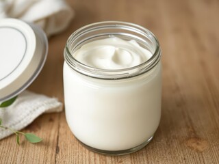Creamy homemade yogurt in glass jar, thick texture, snack,yogurt