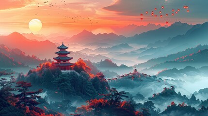 Fototapeta premium flat design, illustration, The Temple on the Hill: A peaceful journey to a mountaintop temple