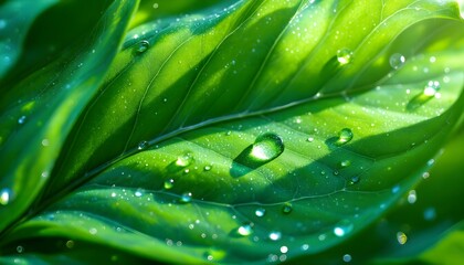 An up-close look at a green leaf with water droplets, symbolizing the renewal and splendor of spring