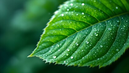 A close-up of a rich green leaf displaying water droplets, highlighting the beauty and vibrancy of spring