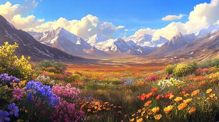 Fototapeta premium Vibrant Springtime Meadow Majestically Framed by Snow-Capped Mountains: A Digital Painting in a Vivid, Romantic Style. AI Generated