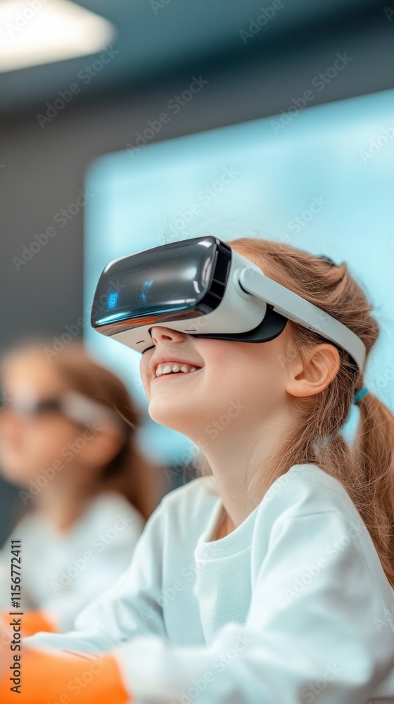 Poster young girl smiling while experiencing virtual reality technology, enjoying immersive digital world i