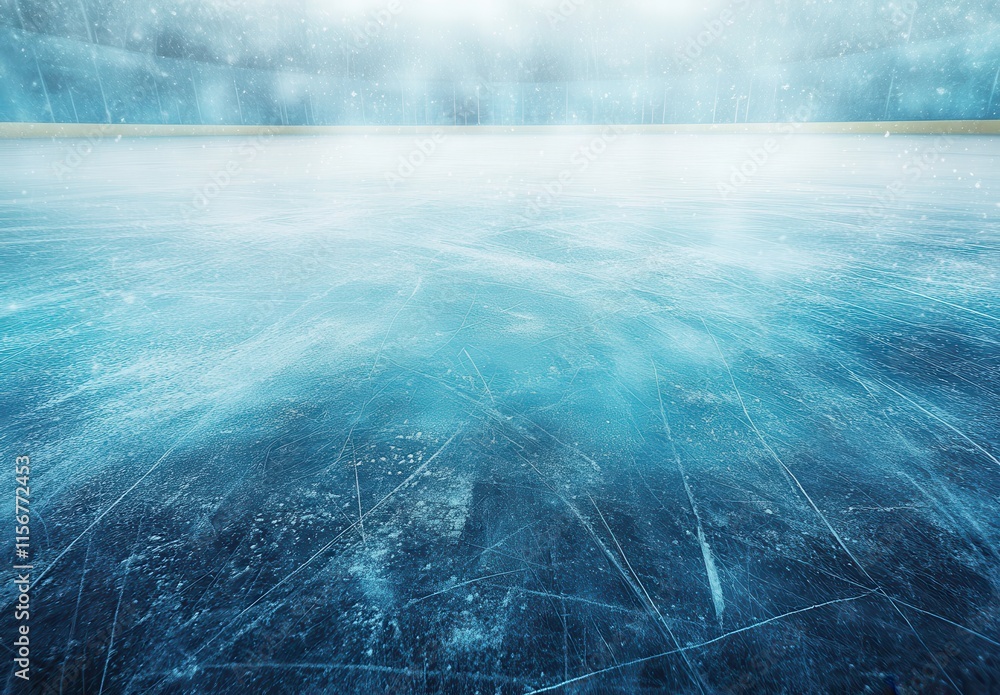 Poster serene ice rink surface under soft lighting with gentle reflections and subtle frosty texture perfec