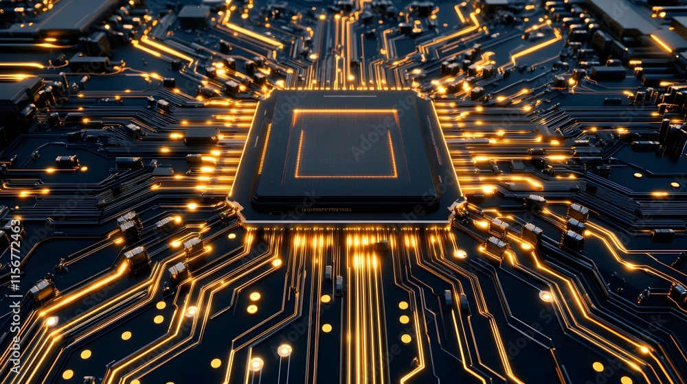 Poster intricate close-up of a high-tech microprocessor with glowing circuitry and complex patterns illumin