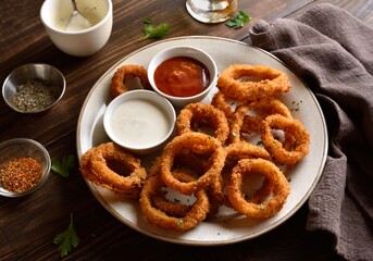 Fried breaded onion rings served with sauce