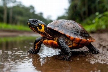 Obraz premium Colorful turtle walking near water in a natural habitat.