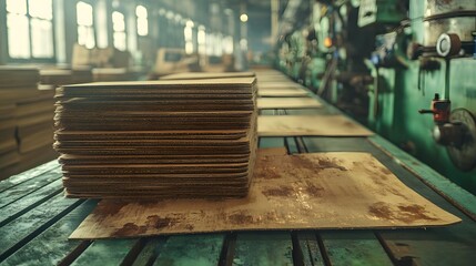 Stacked Cardboard Sheets on Factory Production Line with Soft Lighting Discovering Cardboard Manufacturing Process in Industrial Setting