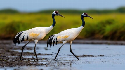 Obraz premium Two cranes walking gracefully near a wetland.