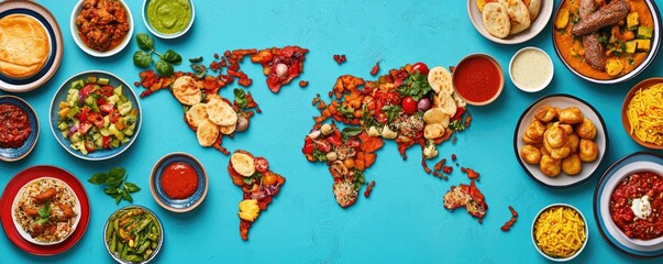 Food trends concept. A colorful arrangement of international dishes shaped like a world map, showcasing diverse culinary traditions on a vibrant blue background.