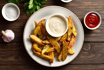 Baked potato wedges served with dipping sauce