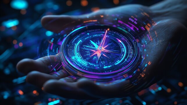 Compass in Digital Hand. Business Strategic Explorer Vision

