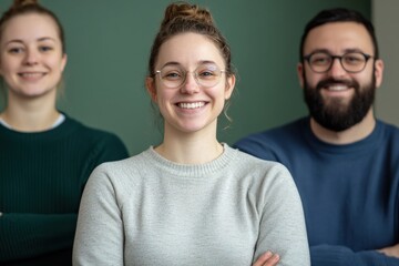 Fototapeta premium Portrait of a diverse group of young professionals smiling and standing together in front of a green background, conveying positivity, teamwork, and modern work culture.