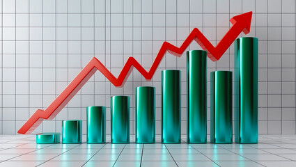 Growing business analytics graph with ascending metallic bars and red arrow indicating progress and success