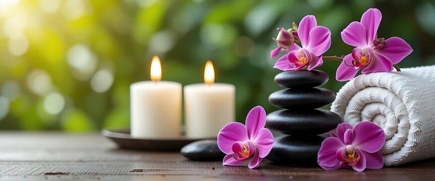 Serene Spa Scene: Orchids, Stones, Candles, and Tranquil Ambiance