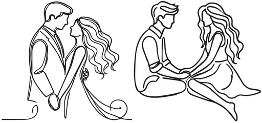 Continuous one line drawing of a wedding couple. Vector