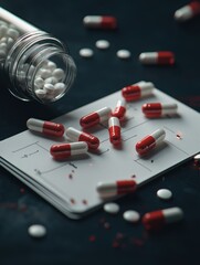 A close-up of spilled capsules and pills next to a prescription card, highlighting the theme of medication and health.