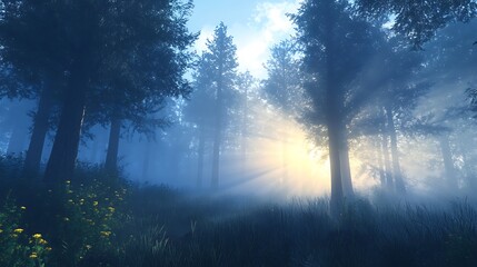 Naklejka premium Misty Sunrise Illuminates Serene Forest: Digital Painting in a Dreamlike Style. AI Generated