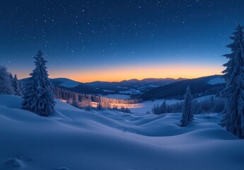 Fototapeta premium Serene Winter Landscape at Dusk with Snow-Covered Hills and Starry Sky Overlooking a Calm Valley in a Remote Mountain Region