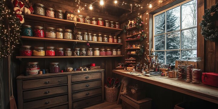  Santa’s cozy workshop closet filled with shelves of buttons, ribbons, and thread, evoking warmth and festive creativity in rustic holiday setting.