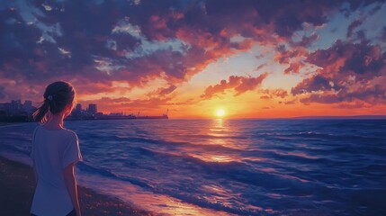 Fototapeta premium Serene Sunset: Digital Painting of a Girl Watching Vibrant Ocean Colors. AI Generated