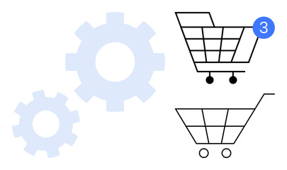 Shopping carts with gears, one cart having notification badge 3. Ideal for e-commerce, online shopping, automation, sales, inventory management, notifications shopping cart functionality. Line