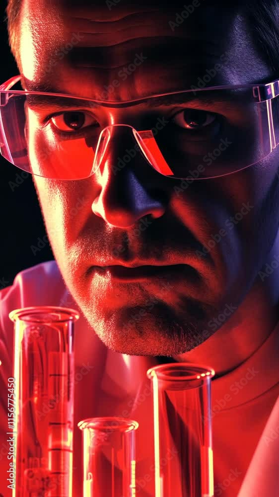 Poster scientist conducts experiments with test tubes under dramatic red lighting in a laboratory setting