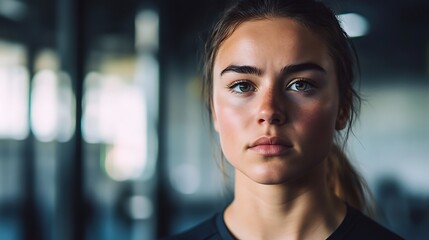 Obraz premium Close-up Photo: Determined Athlete Intensely Gazing, Post-Workout Gym Setting. AI Generated