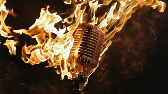 A fire emanating from a vintage microphone on black background, representing on fire performance