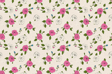 Charming vintage rose pattern with pink and cream blooms on a light beige background. Perfect for romantic or classic design projects.