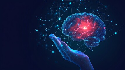 Fototapeta premium Stunning 3D Render: Hand Gently Holding Illuminated Brain Network. AI Generated