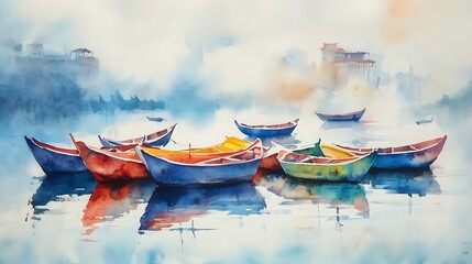 Obraz premium Vibrant Watercolor Painting: Colorful Boats Gently Resting on Misty Water. AI Generated